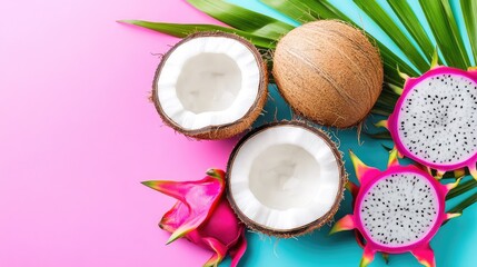 Bright tropical display of halved coconut and pink dragon fruit, full focus setup on pastel pink and blue surface