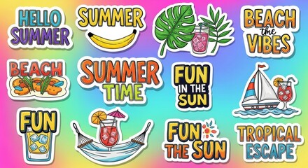 Vibrant summer sticker collection featuring tropical drinks, fruits, and beach themed elements
