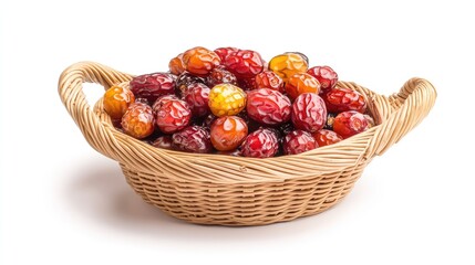 Chinese dates in a traditional woven basket, vibrant and ripe, highlighted with full depth of field on a white studio background