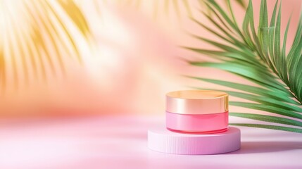 Cosmetic cream container in pink with palm frond accent on soft pastel backdrop, clean and modern product mockup