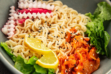 Noodle Bowl vegan fresh delicious gourmet food background on the table rustic food top view copy space keto and paleo diet vegan and vegetarian food