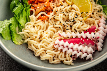 Noodle Bowl vegan fresh delicious gourmet food background on the table rustic food top view copy space keto and paleo diet vegan and vegetarian food