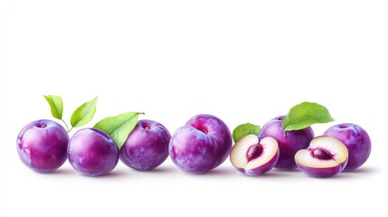 Fresh whole purple plums and halved pieces with green leaves, isolated on white with full depth of field and juicy texture details
