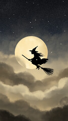 Silhouette witch fly broomstick across full moon light up magical night sky.