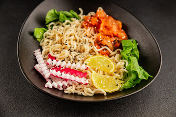 Noodle Bowl vegan fresh delicious gourmet food background on the table rustic food top view copy space keto and paleo diet vegan and vegetarian food