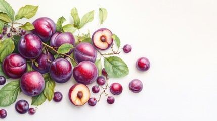 Freshly picked plums with rich purple tones and leafy accents, halved to show detail, clean white background