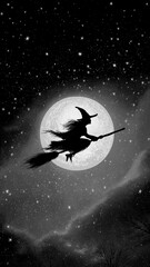 Naklejka premium Silhouette witch fly broomstick across full moon light up magical night sky.