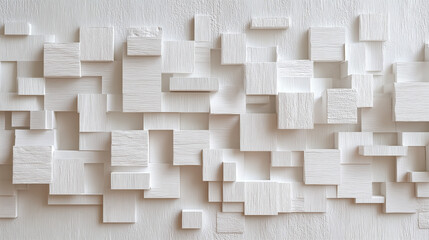 White textured wall with raised square and rectangular blocks creating modern geometric pattern and abstract design with soft shadows and clean minimalist look
