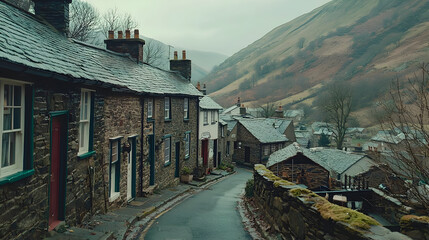 Quaint village street winding uphill, stone houses, overcast day