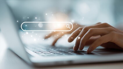 Person Using a Laptop with Search Bar Overlay Representing Digital Information Gathering and Internet Research.