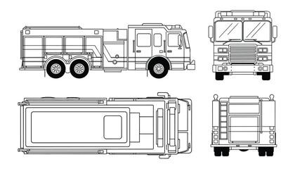 Detailed Blueprint Illustration: Front, Side, and Top Views of a Fire Engine Truck.