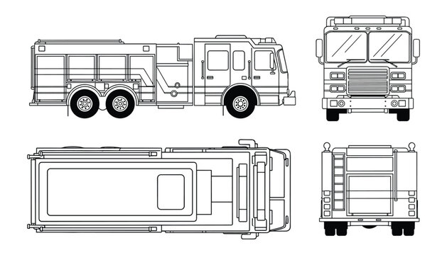 Detailed Blueprint Illustration: Front, Side, and Top Views of a Fire Engine Truck.