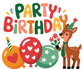 Fototapeta premium Colorful Party Birthday Design Cartoon Deer with Balloons and Flowers Illustration