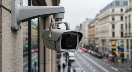 Surveillance camera mounted on building with city street in the background showing traffic and