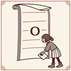 Child learning the letter o on a large scroll with lines and a border