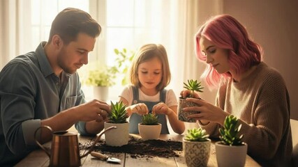 Family Garden: Cultivating Togetherness. a family consisting of a mother, father, and daughter engaging in gardening together at a table indoors. - Powered by Adobe