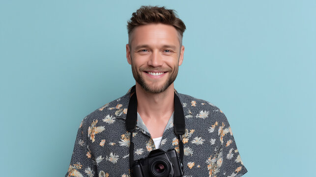 Smiling young man wearing tropical shirt with camera hanging around neck posing against blue background, expressing happiness and relaxed mood