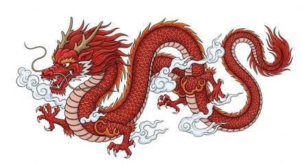 Traditional chinese red dragon illustration with clouds on black background