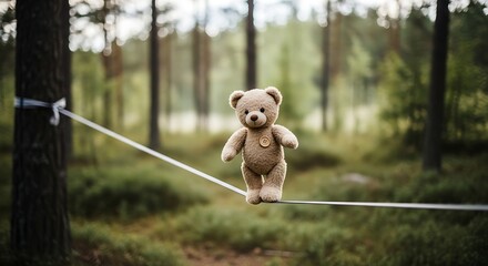 Teddy bear balancing on a slackline in a forest, capturing childhood innocence and adventurous
