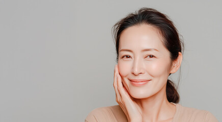 Natural beauty portrait of a middle-aged Asian woman with healthy skin. Simple gray background