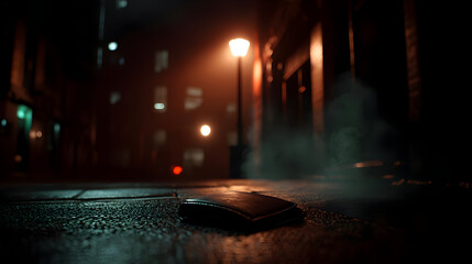 Lost wallet on a dark, foggy city street at night. Fog hangs heavy in the alleyway, illuminated by a single lamppost