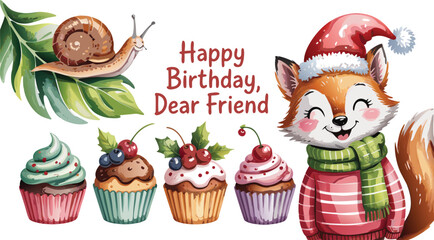 Fototapeta premium Happy Birthday Illustration Cute Fox with Santa Hat, Snail on Leaf, and Festive Cupcakes