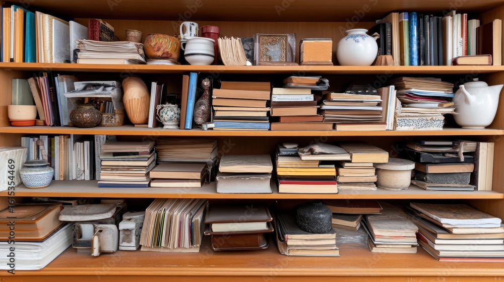 Poster a bookshelf filled entirely with random household items