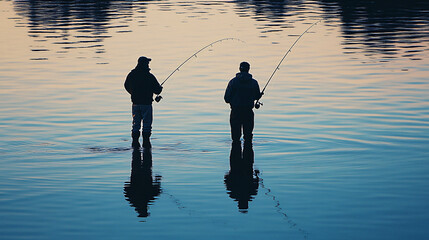 Two men engaged in a relaxing fishing activity on a calm water body surrounded by lush nature