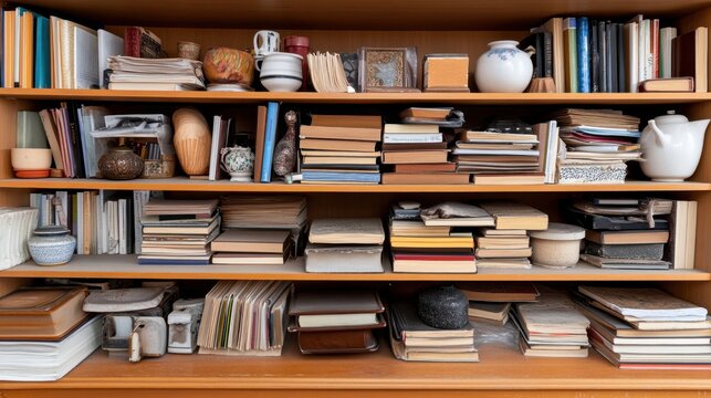 A bookshelf filled entirely with random household items