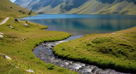 Serene mountain lake with a winding stream flowing into it, surrounded by lush green meadows and high peaks.