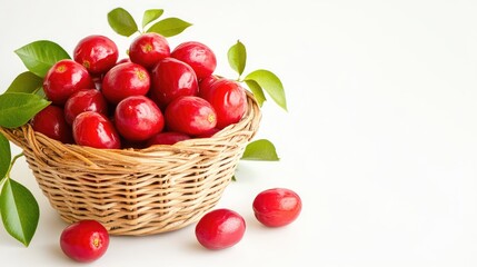 Rustic wicker basket brimming with fresh Chinese red dates, isolated on white with soft natural light and crisp focus