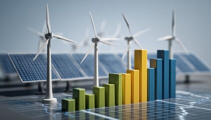 Fototapeta premium Renewable energy sources are visualized with bar graphs, wind turbines, and solar panels, illustrating growth and sustainability.