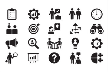 Black Icons of Business Collaboration: Teamwork, Target, Ideas, and Problem-Solving