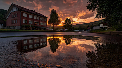 Obraz premium Sunset reflecting in a puddle on a street, charming town. A multi-storied building, a tree and warm colors of the sky mirrored perfectly in the water