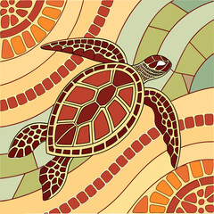 Stylized sea turtle swims through abstract wavy patterns and geometric shapes