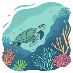 A gentle sea turtle glides through a vibrant coral reef ecosystem