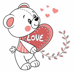 Cute teddy bear holding a heart with the word love and floating hearts