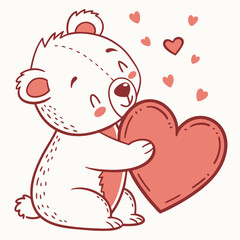 Adorable teddy bear hugs a large heart surrounded by floating hearts