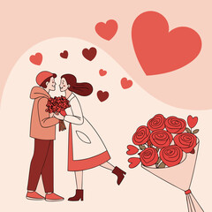 Couple sharing flowers and hearts on valentine s day celebration