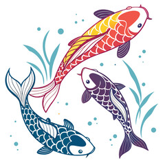 Three colorful koi fish swimming together with aquatic plants and bubbles