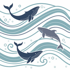 Three whales swimming gracefully through stylized blue ocean waves