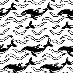 Seamless pattern of black dolphins swimming through stylized white waves