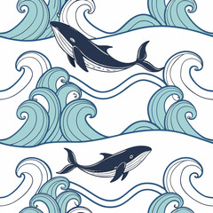 Whales swimming through stylized blue ocean waves in a seamless pattern