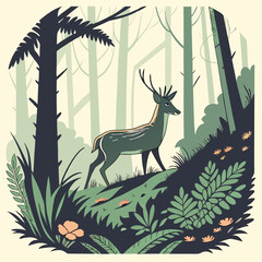 A majestic deer stands gracefully in a lush stylized forest scene