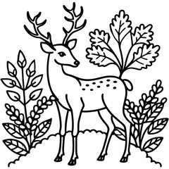 Elegant stag with antlers standing amidst foliage in a stylized outline