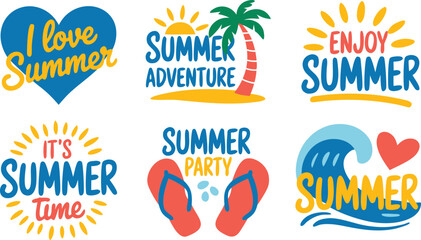 Fototapeta premium Six Summer Themed Designs Featuring Phrases Like Summer Adventure, Party, and Enjoy Summer