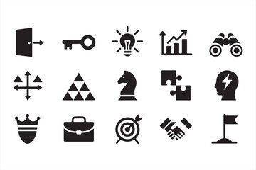 Strategic Business Icons: Key, Crown, Growth, and Innovation in Bold Black