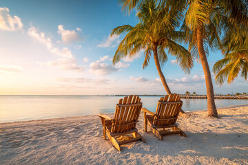 Beautiful tropical beach with two wooden chairs on the sand at sunset,