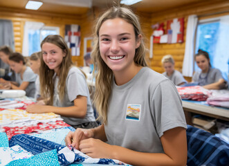 Young woman with long hair smiles while sewing colorful fabric in a workshop, surrounded by peers engaged in creative textile projects, showcasing teamwork and craftsmanship