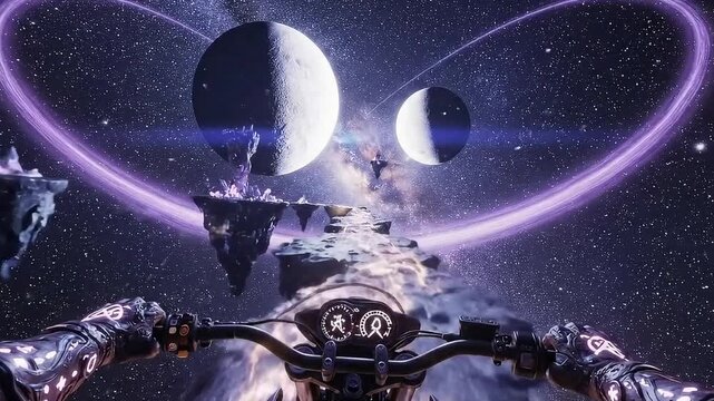 A bike rider travelling through a surreal environment 